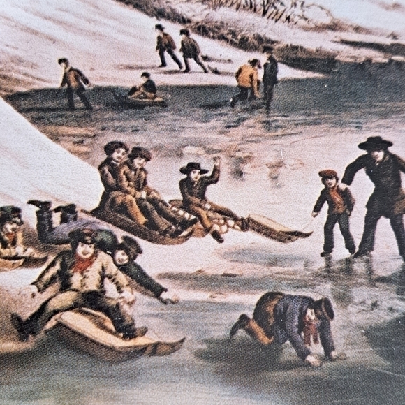 Vintage Deluxe Fruit Cake Metal Tin Collin Street Bakery Winter Sledding 10.5" - Picture 6 of 12